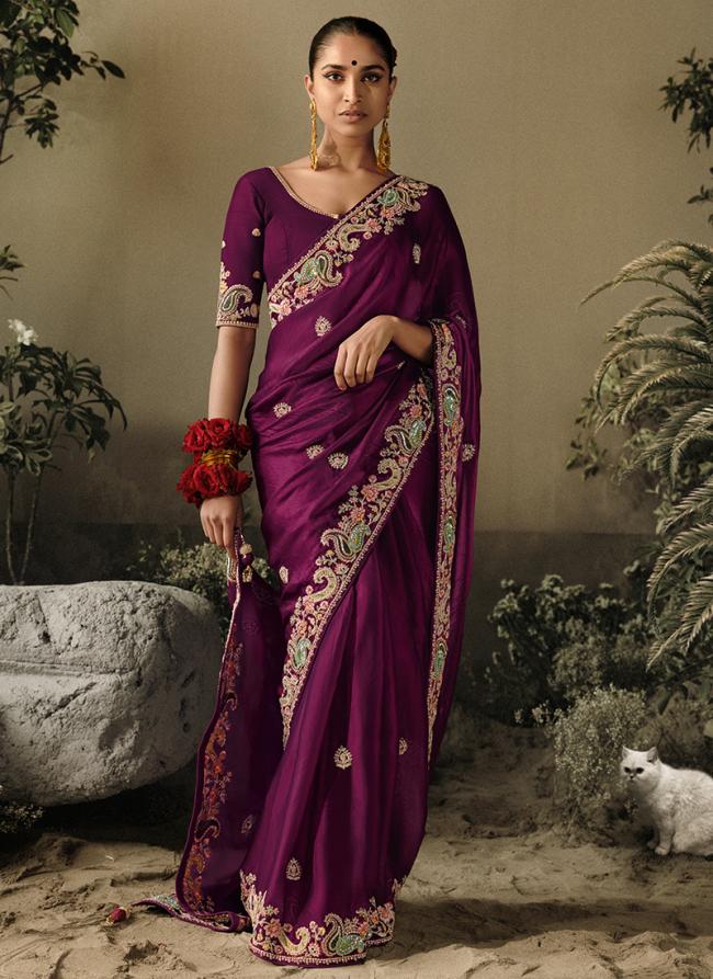 Pure Fancy Fabric Wine Wedding Wear Heavy Embroidery Work Saree